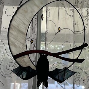 Stained Glass Crescent Moon with Bat | 14” x 12.5” | Handmade Window Hanging | Iridescent Wings | Gothic Decor