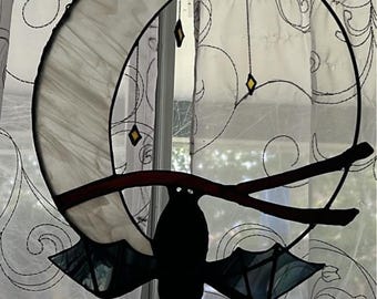 Stained Glass Bat and Moon Suncatcher, Handmade Window Art