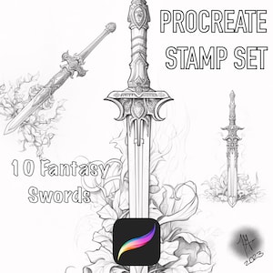 May include: A set of 10 fantasy sword illustrations for Procreate. The swords are drawn in a detailed, realistic style with intricate designs. The image also includes the Procreate app icon and the text "10 Fantasy Swords" and "Procreate Stamp Set".