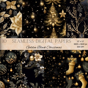 Golden Black Christmas Paper - Chic Digital Background, Seamless Scrapbook Pattern Set, JPG and PNG