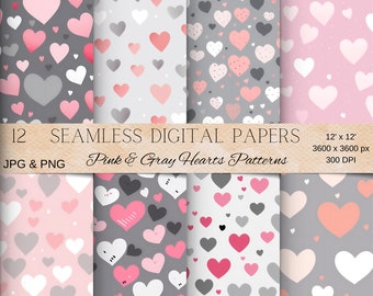 Pink & Gray Hearts Patterns - Charming Scrapbook Paper, Seamless Pattern, Digital Background, Printable Paper Set, JPG and PNG