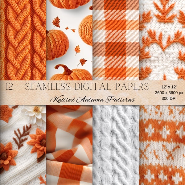 Knitted Autumn Patterns: Seamless Digital Scrapbook Paper Set for Fall Crafts and Designs