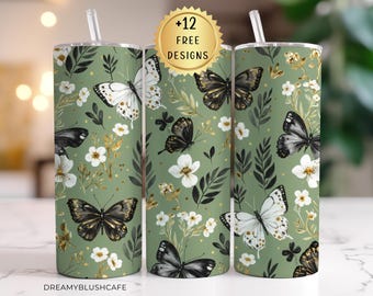Sage Green Floral Tumbler Wrap, 20 oz Skinny Sublimation Design, Digital Download PNG for Custom Tumblers, 20 oz Sublimation PNG Design