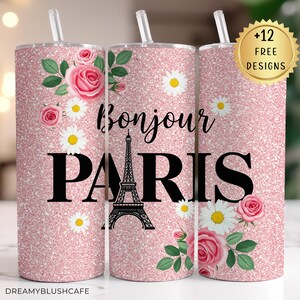Paris floral tumbler wrap, 20oz skinny tumbler sublimation design, digital download, Eiffel Tower floral PNG design, floral digital art
