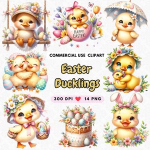 Clipart di anatra di Pasqua, PNG di uova di Pasqua, PNG di anatroccolo, Clipart primaverile, coniglietto di Pasqua, clipart di anatra bambino, cesto di Pasqua carino, anatroccolo acquerello