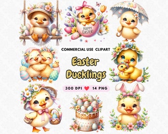 Easter Duck Clipart, Easter Eggs PNG, Duckling PNG, Spring Clipart, Easter Bunny, Baby Duck Clipart, Cute Easter Basket, Watercolor Duckling