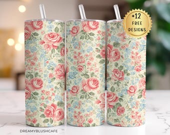 Shabby Chic Tumbler Wrap, Vintage Blumenmuster PNG, 20 Unzen Sublimationsvorlage, Blumen 20 Unzen Sublimation PNG, Vintage Blumen 20 Unzen PNG