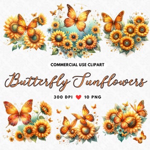 Clipart de borboleta, borboletas florais, borboleta PNG, clipart de girassol, borboleta aquarela, girassol PNG, clipart de flor, floral PNG