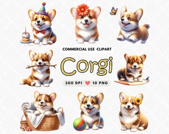 May include: Ten digital illustrations of cute corgis in various poses, including a corgi wearing a party hat, a corgi with a flower crown, a corgi holding a stick, a corgi surfing, a corgi in a basket, and a corgi playing with a ball. The illustrations are in a cartoon style and have a bright, cheerful color palette.