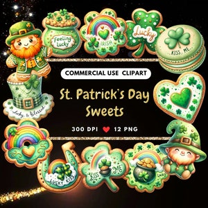 May include: A set of 12 St. Patrick's Day themed digital cookie clipart images. The cookies are decorated with shamrocks, rainbows, hearts, gold coins, and the words "Lucky", "Kiss Me", "Feeling Lucky", "Irish", and "Lucky & Blessed".