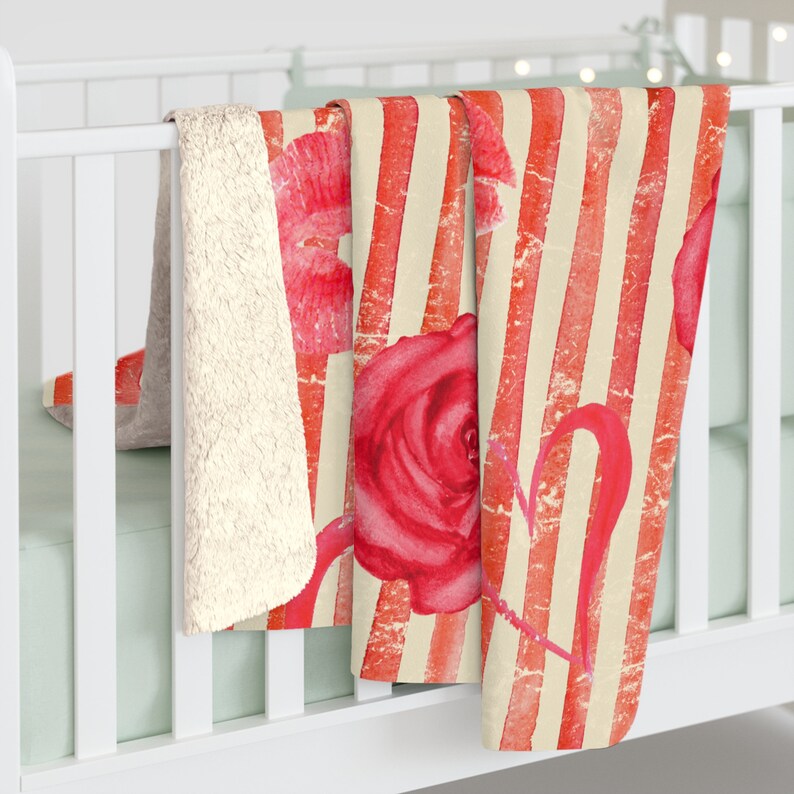 Valentine's Day Blanket, Sherpa Fleece Blanket, Rose and Heart Blanket