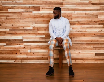 2piece: 2in1 Sky blue shirt and check cotton/plain black chinos trouser.