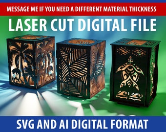 May include: Three laser cut wooden candle holders with different designs. The designs include palm trees, tropical leaves, and a turtle. The text "3MM AND 5MM THICK MATERIAL" and "LASER CUT DIGITAL FILE" is at the top of the image. The text "SVG AND AI DIGITAL FORMAT" is at the bottom of the image.