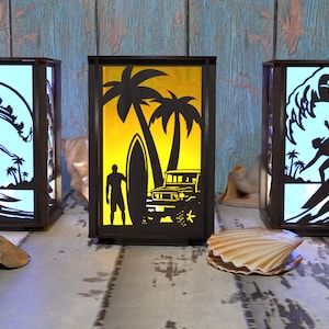 Wood Lantern Surf Series, Digitaal bestand 3mm & 5mm, houten lamp, theelichtje, Luminary Gift, Laser Cut Files|AI,SVG,DXF|Surfer, eiland, oceaan