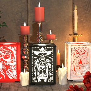Lanterna do Dia dos Mortos (Dia De Los Muertos), arquivo digital 3mm e 5mm, lâmpada de madeira, luz de chá, presente luminoso, arquivos cortados a laser | AI, SVG, DXF