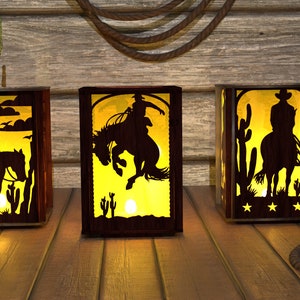 Kaarshouder Cowboy Collection Lamp hout theelichtje, Lantaarn, Votief, Luminary Gift, Laser Cut Files |, AI, SVG | Glowforge, paard