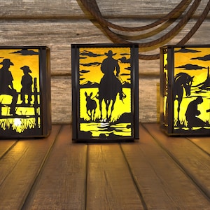 Holzlaterne Western Serie, Digitale Datei, Holzlampe, Teelicht, Leuchtgeschenk, Laser Cut Files|AI, SVG, DXF| Glühschmiede, Pferd, Cowboy,