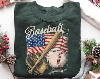 American Flag Baseball Player Bat Fan Catcher Pitcher USA Shirt