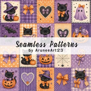 Svart katt Halloween sömlöst mönster, kokett Halloween digitalt papper, lila orange pumpa rosett scrapbookingpapper, sött läskigt mönster