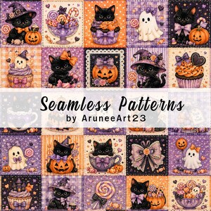 Wzór z czarnym kotem na Halloween, cyfrowy papier Coquette na Halloween, fioletowo-pomarańczowy patchwork, słodki kociak z dynią w albumie ze zdjęciami