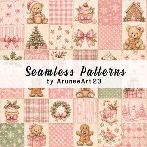Digitales Patchwork-Papier in Rosa, nahtloses Teddybär-Lebkuchenmuster, verspieltes Weihnachts-Scrapbook-Papier, Vintage-Weihnachtsmotiv