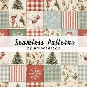 Christmas Polar Bear Patchwork Digital Paper, Vintage Christmas Quilt Pattern, Watercolor Holiday Scrapbook Paper, Winter Seamless Pattern