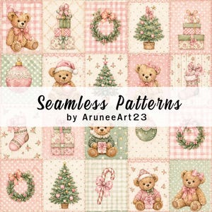 Nahtloses Muster mit rosa Weihnachtsteddybär, digitales Vintage-Weihnachts-Patchworkpapier, verspieltes Aquarell-Weihnachtsmotiv, niedlicher Bärenstoff