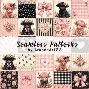 Nahtloses Muster mit Hochlandrindern, Digitales Papier mit rosa Kuhmotiven, Patchwork-Stil mit kokettem Muster, Cottagecore-Stil mit Rosenschleife, Kuhstoff im Landhausstil, Valentinstagsdesign