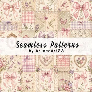 Nahtloses Vintage-Schleifenmuster mit floralem Muster, digitales Patchwork-Papier in Rosa und Lavendel, druckbares Cottagecore-Spitzen-Gingham-Scrapbook-Muster