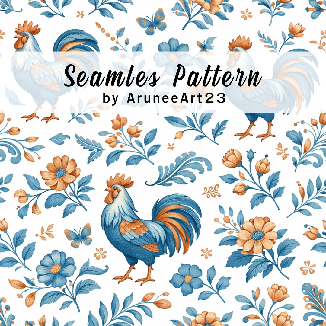 Rooster Floral Seamless Pattern Watercolor Blue Copper, Vintage Folk ...