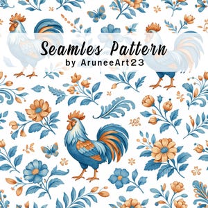Puede incluir: Patrón sin costuras con gallos, flores y mariposas en tonos azules, naranjas y blancos. El diseño incluye elementos florales y el texto "Seamless Pattern by AruneArt23". Adecuado para telas, papel pintado u otros usos.