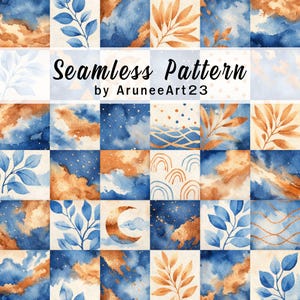 Op de afbeelding: Een naadloos patroonontwerp met aquarel vierkanten in blauw, goud en beige. Het ontwerp bevat bladeren, wolken en hemelse motieven. De tekst luidt "Seamless Pattern by AruneArt23".