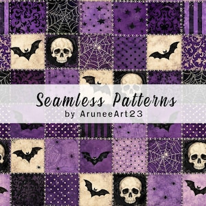 May include: A digital fabric design featuring a patchwork grid of purple and cream squares. The pattern includes illustrations of skulls, flying bats, spiderwebs, polka dots, stars, and floral swirls. Text reads Seamless Patterns by AruneeArt23.
