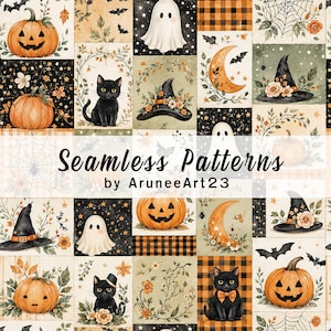 Halloween Patchwork Seamless Pattern, Watercolor Pumpkin Ghost Black Cat Digital Paper, Cute Witch Hat Fall Scrapbook Background
