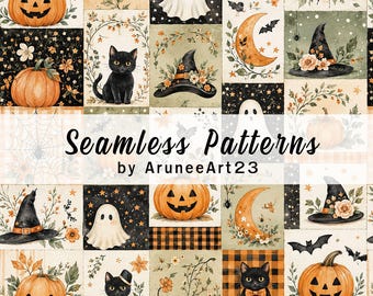 Halloween Patchwork Seamless Pattern, Watercolor Pumpkin Ghost Black Cat Digital Paper, Cute Witch Hat Fall Scrapbook Background