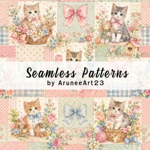 パステルカラーの子猫パッチワークシームレスパターン、かわいい猫のデジタルペーパー、コケットフローラルリボンプリント、コテージコア風の子供部屋用生地、スクラップブックPNG