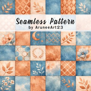 Blue Copper Watercolor Patchwork Seamless Pattern, Floral Botanical Quilt Design, Elegant Digital Paper, Fabric & Wallpaper, 3600x3600px