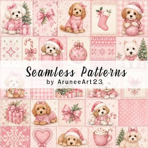 Motif sans couture de chiens roses de Noël, papier numérique de Noël avec de mignons chiots, patchwork rose coquette, tissu aquarelle avec des chiens de Noël