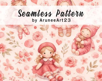Modello senza cuciture con bambola carina, bambina rosa acquerello, cuori floreali, tessuto per bambini di San Valentino, carta digitale per la cameretta dei bambini