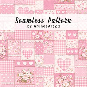 Roze bloemen patchwork naadloos patroon, vintage quiltontwerp met cottagecore-hart, romantisch digitaal papier, plakboekachtergrond, stoffenprint