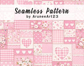 Patrón de patchwork floral rosa sin costuras, diseño de colcha de corazón estilo cottagecore vintage, papel digital romántico, fondo de scrapbooking, impresión de tela