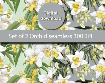 May include: Set of two seamless digital patterns featuring white orchids with yellow centers on a green and gray background. The text "Digital download" and "Set of 2 Orchid seamless 300DPI" is included in the image.