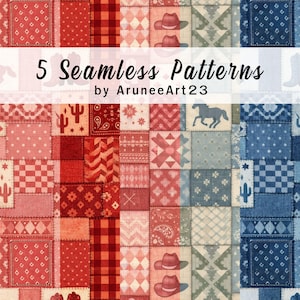 以下が含まれることがあります： 赤、青、ベージュの5つのシームレスパターンを特徴とするパッチワークデザイン。パターンには、カウボーイハット、ブーツ、サボテン、幾何学模様が含まれます。「5 Seamless Patterns」と「by AruneeArt23」のテキストが表示されています。