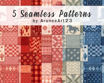 5 wzorów patchworku w stylu western boho, bezszwowe, miękka czerwień i ciepły róż, faktura słoja tkaniny, papier cyfrowy do kołder, koców i wzorów tekstylnych