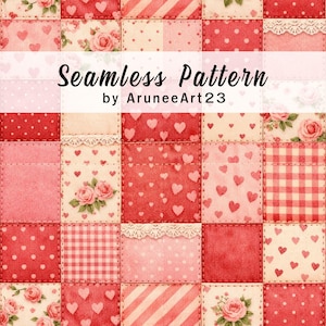 Valentine Patchwork Seamless Pattern, Romantic Watercolor Quilt, Red Pink Fabric Texture, Digital Paper, Seamless Tile 3600px