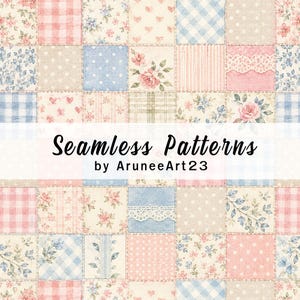 Pode incluir: Um design de patchwork digital com uma grade de quadrados com vários padrões em azul claro, rosa e creme, incluindo estampas florais, bolinhas, corações, xadrez vichy e texturas de renda. O texto Seamless Patterns by AruneeArt23 está centralizado.