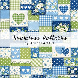 Blauwgroene bloemen patchwork naadloos patroon, cottagecore-quilt digitaal papier, hart bloemen plakboek, afdrukbaar stofontwerp