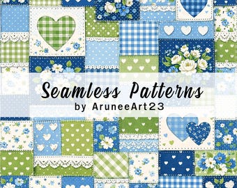Motivo patchwork floreale blu-verde senza cuciture, carta digitale per trapunte Cottagecore, carta per scrapbooking floreale a forma di cuore, design per tessuto stampabile