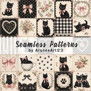 Motivo patchwork senza cuciture con gatto nero Coquette, carta digitale con gattino e fiocco rosa, quadrati per quilt floreali in stile cottagecore, motivo ripetuto shabby chic vintage