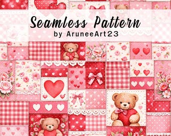 Valentine Patchwork Seamless Pattern, Cute Teddy Bear Hearts, Pink Red Floral Digital Paper, Romantic Scrapbook Fabric Background
